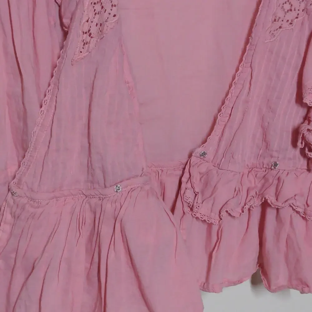 Farm Rio Puff-sleeve Ruffle Cotton Blouse In Pink – Size M– NWT